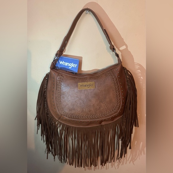 Wrangler Handbags - Wrangler Brown Tooled Leather Fringe Shoulder Purse